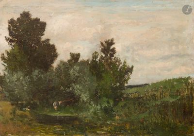 peinture d'un paysage avec une rivière et des arbres au premier plan