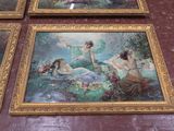 three framed paintings of a woman and three other women sitting in a garden
