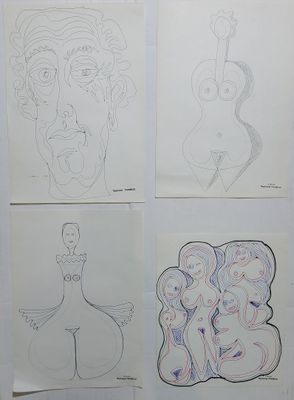 four drawings of a woman with a guitar and a man with a guitar