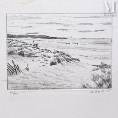 pencil drawing of a beach scene with sand dunes and a fence