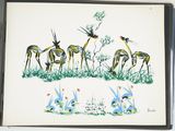 painting of a group of antelope in a grassy area with birds
