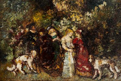 tableau représentant un groupe de personnes et de chiens dans un décor boisé