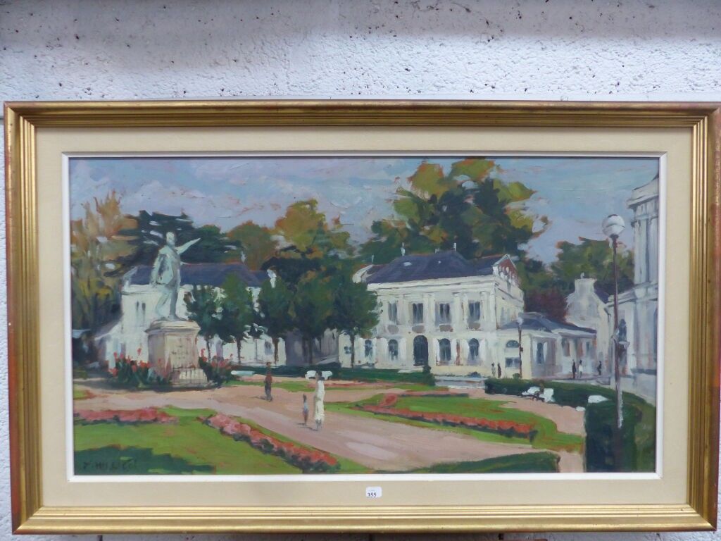 Yves HILLIGOT (1928) Place Mellinet à Nantes Huile sur isorel, signée en bas à gauche 38 x 70 cm