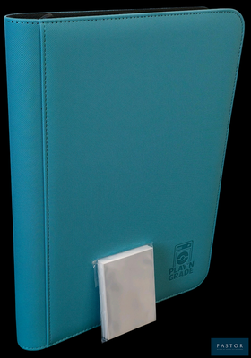 un classeur bleu orné d'un bouton blanc