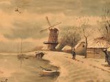 painting of a winter scene with a windmill and people walking on a path