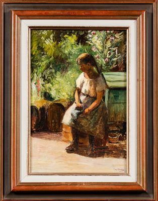 une peinture à l'huile représentant une femme assise sur un banc dans un jardin