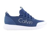 a picture of a blue and white tennis shoe with the word calvin written on it
