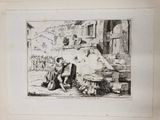 an old picture of a man and a woman sitting on a bench in front of a building