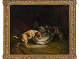 an oil painting of two dogs drinking water from a bowl
