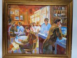 painting of a group of people sitting at a table in a restaurant