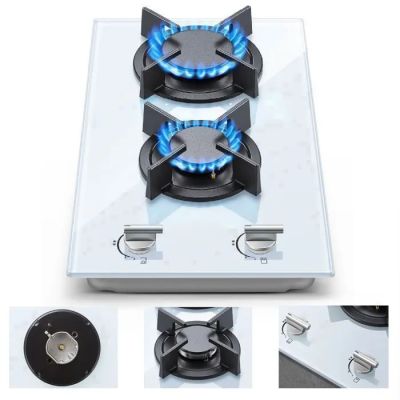 four different views of a gas stove with blue flames