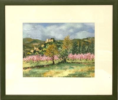 peinture représentant un paysage avec des arbres et un château au loin