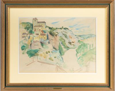 Aquarelle encadrée représentant la vue d'un village perché sur une colline