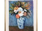 a painting of flowers in a blue vase on a table