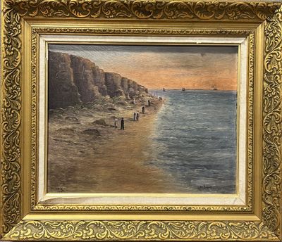 une peinture à l'huile représentant une scène de plage avec des personnes marchant sur le sable