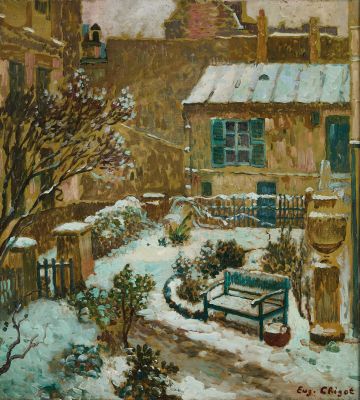 une peinture à l'huile représentant une rue enneigée avec un banc au premier plan