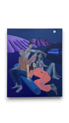 un tableau représentant un groupe de personnes assises sur une planche de surf