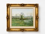l'image d'une peinture d'un champ avec des arbres en arrière-plan