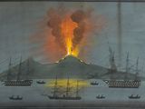 une image représentant un tableau montrant des navires sur un plan d'eau, avec un volcan en arrière-plan