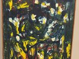 an oil painting of a vase of flowers on a black table