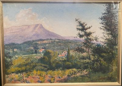 tableau représentant une vue sur une montagne avec un village au premier plan