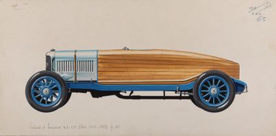 drawing of a wooden car with blue rims on a white background