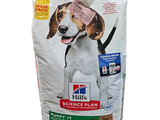 a bag of hill ' s science plan puppy food with a dog ' s head sticking out of it