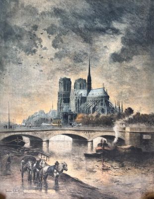 painting of a painting of a city with a bridge in the background