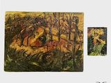 deux tableaux représentant un homme à cheval, à côté d'un tableau représentant une femme