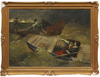 an image of a painting of two people in a boat