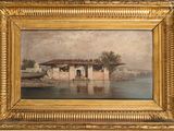 a painting of a house by a river with a boat in the water