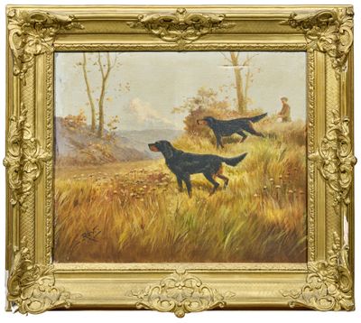 un tableau représentant deux chiens courant dans un champ, avec des arbres en arrière-plan