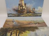 two paintings of ships in the water and a boat in the water