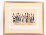 painting of a group of people dressed in uniform standing in front of a white wall