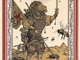 a poster with a lion holding a sword and a bee on it