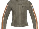 a woman ' s leather jacket with orange stripes on the sleeves