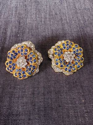 une paire de boucles d'oreilles en diamant bleu et blanc posées sur un tissu noir