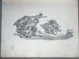 an old drawing of a group of people riding horses and carrying a cross