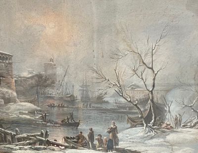 a painting of a winter scene with people on the shore