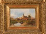 a painting of a church on a hill with a river in the foreground