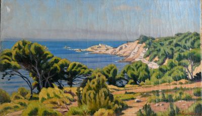 une peinture à l'huile représentant une vue sur l'océan depuis une colline