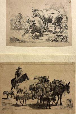 deux dessins représentant un homme à cheval et un homme à cheval accompagné d'un chien