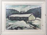 une peinture à l'huile représentant une grange sous la neige, avec des arbres en arrière-plan