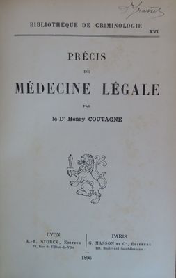 62.	COUTAGNE (Henry). Précis de médecine légale. Précis de m…