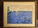painting of a sailboat on a lake with reeds in the foreground