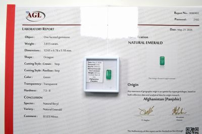 une photo d'un certificat sur laquelle figure une émeraude verte
