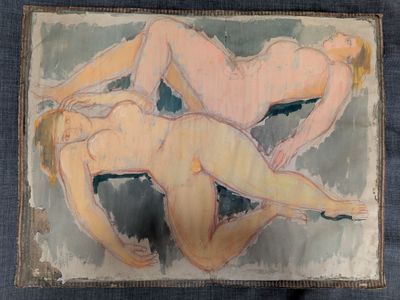 une image représentant un tableau montrant deux nus sur fond bleu