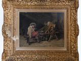un vieux tableau représentant un homme et une femme assis sur un banc