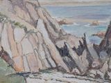 an oil painting of a rocky cliff with a body of water in the distance