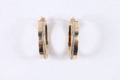 a pair of gold hoop earrings on a white background
